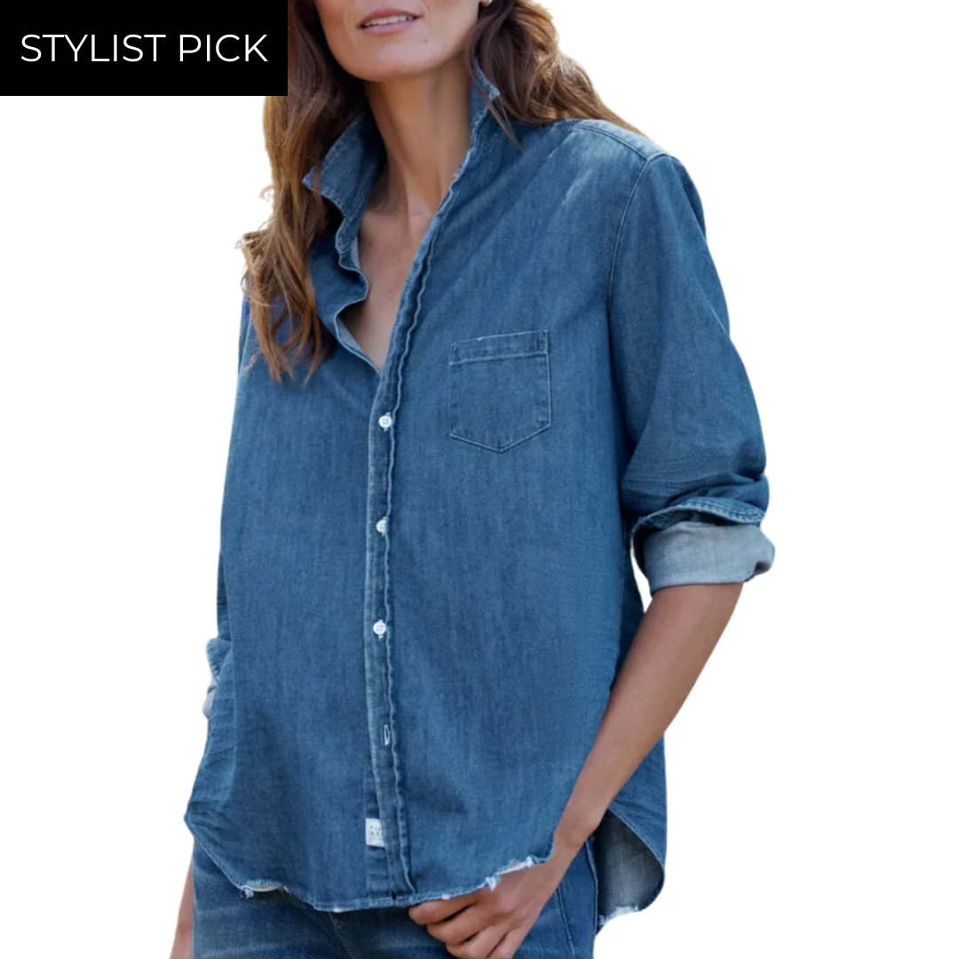 Eileen Relaxed Button-Up Shirt in Distressed Indigo Washed Denim