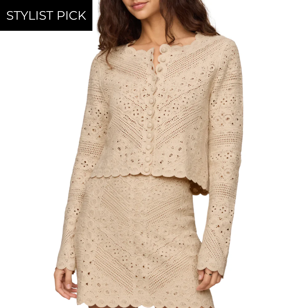 Cressa Cropped Crochet Cardigan in Natural