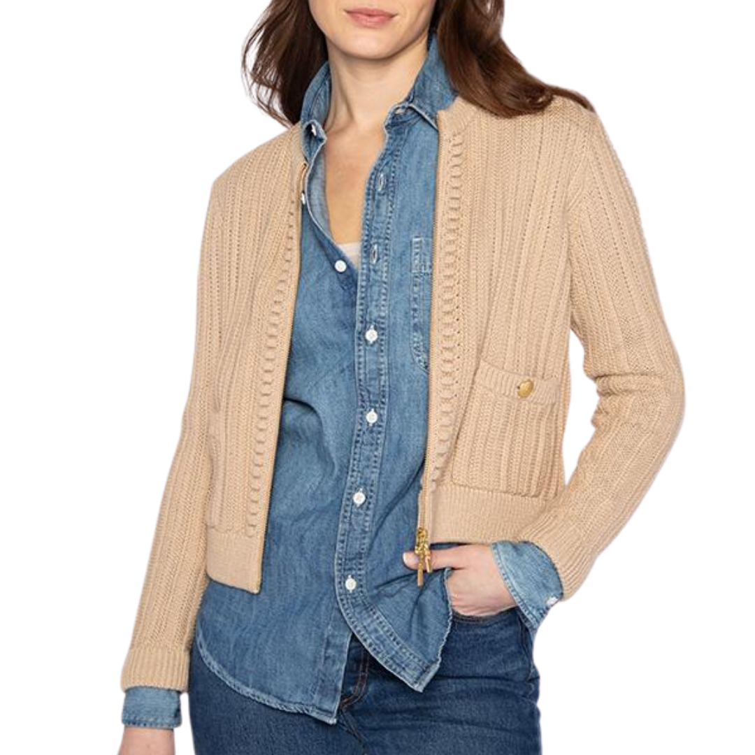 Bobble Zip Cardigan in Latte