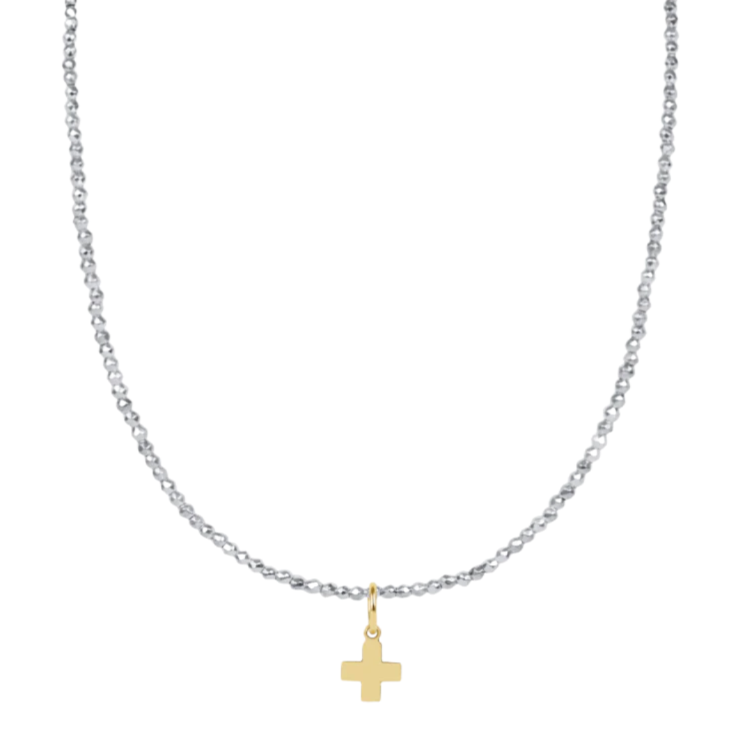 15" Choker Bright Silver Faceted Hematite 2mm Signature Cross Gold Charm