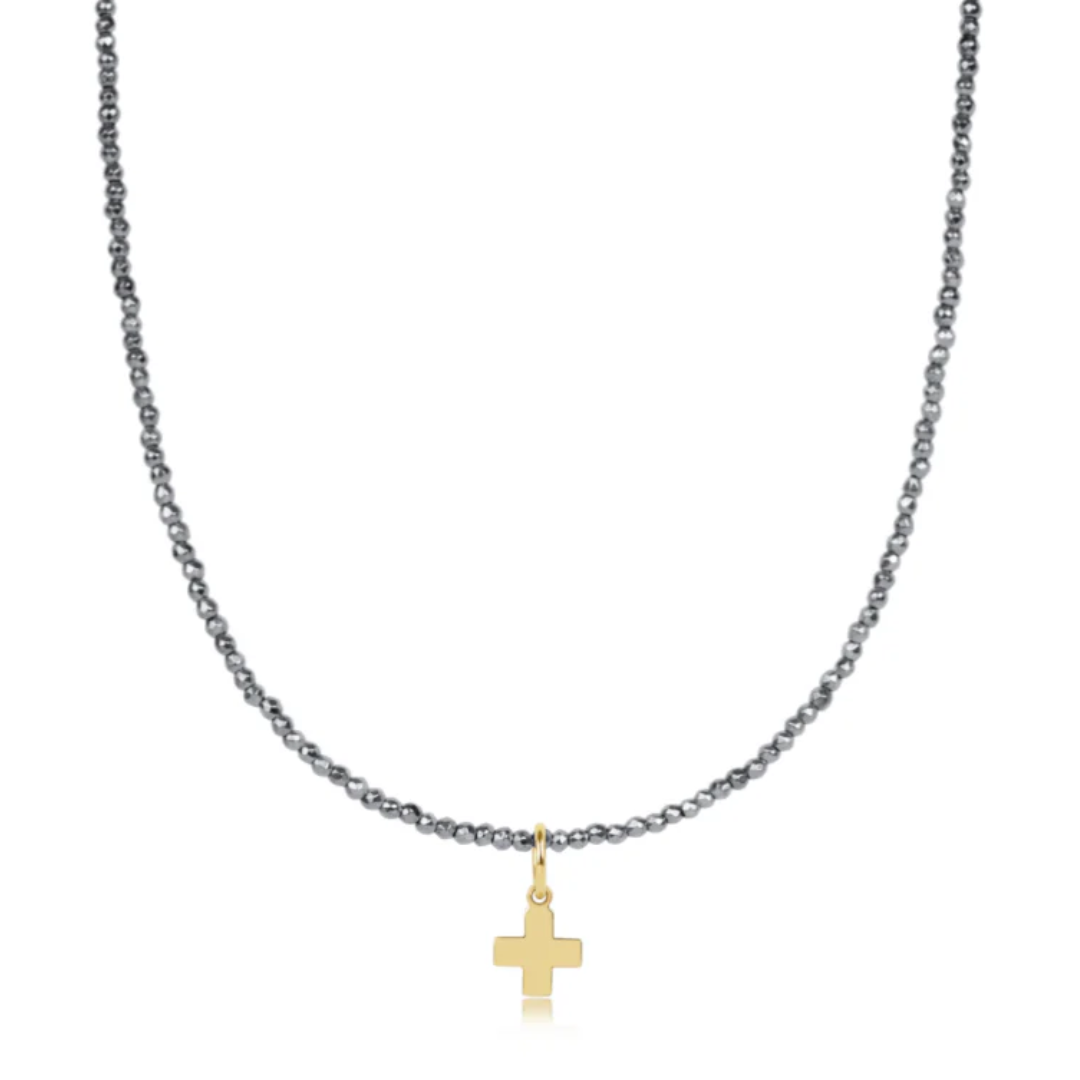15" Choker Silver Faceted Hematite 2mm Signature Cross Gold