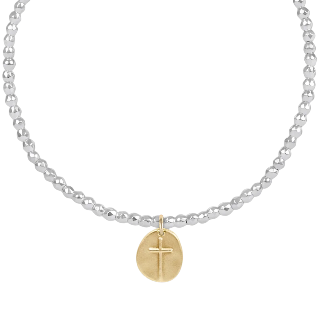 17" Choker Bright Silver Faceted Hematite 2mm Inspire Small Gold Charm