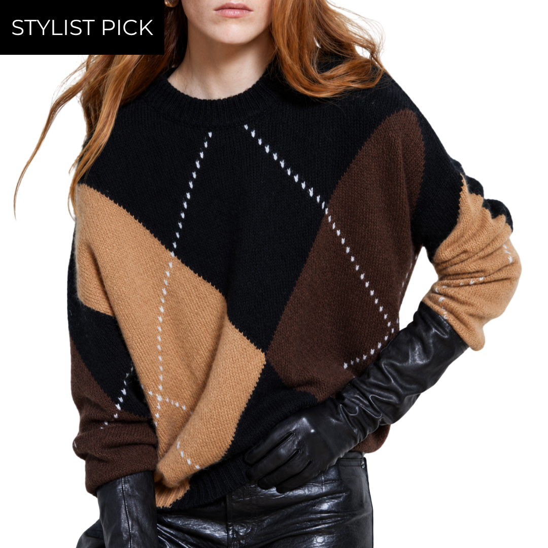 Oversized Argyle Sweater in Black Combo