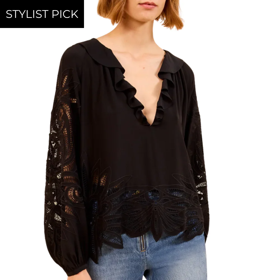 Adonis Silk Applique Blouse in Noir