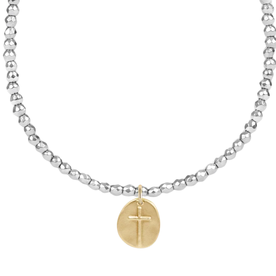 15" Choker Silver Faceted Hematite 2mm- Inspire Small Gold Charm