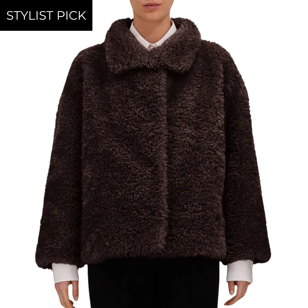 Curly-Effect Fur-Touch Short Jacket in Dark Brown