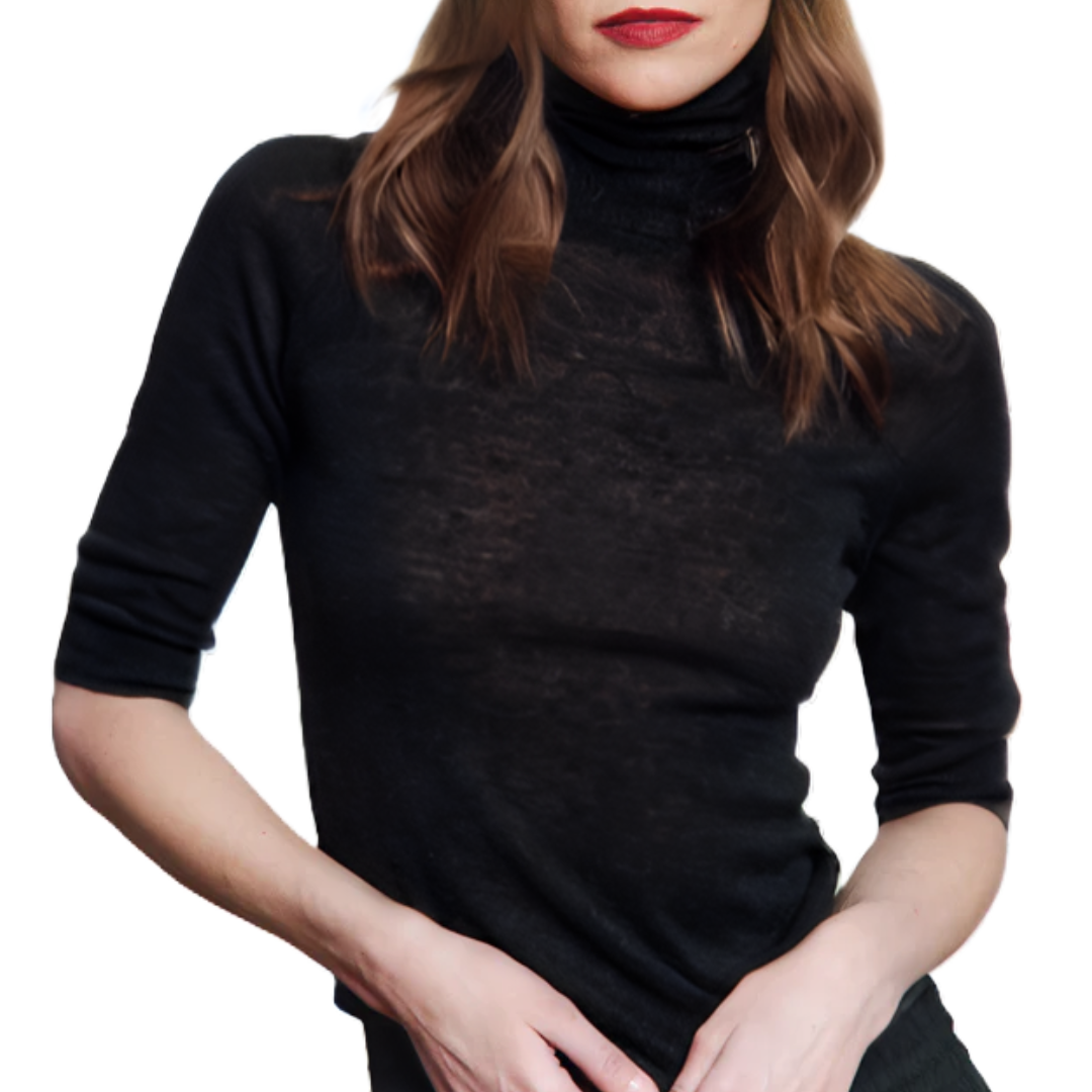 Fitted Sheer Elbow Sleeve Turtleneck in Black