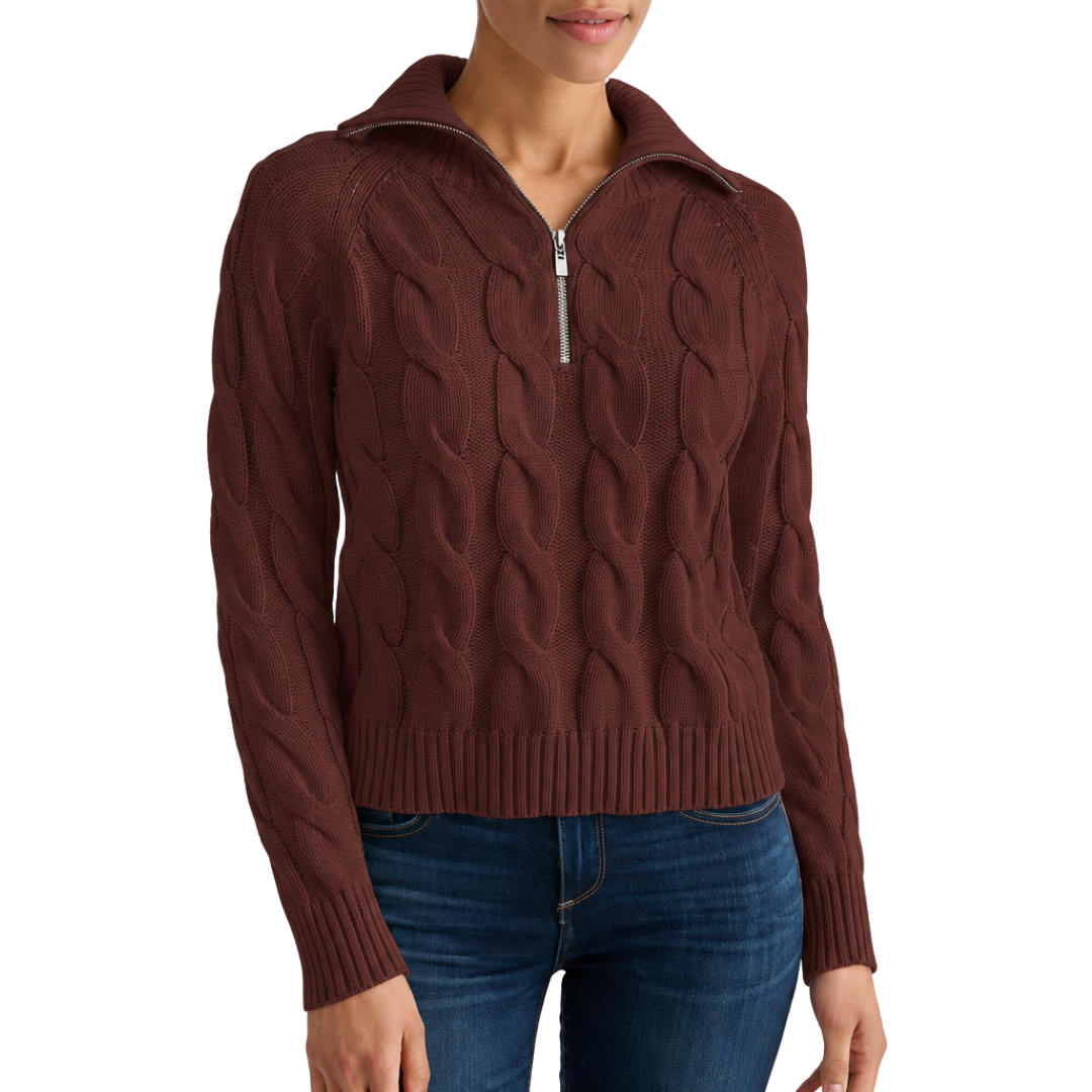 Cable Zip Mock in Chocolate