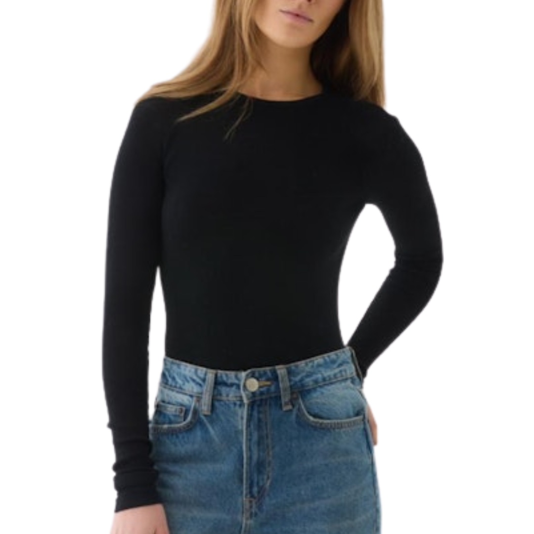 Merino Silk Micro Rib Crewneck in Noir