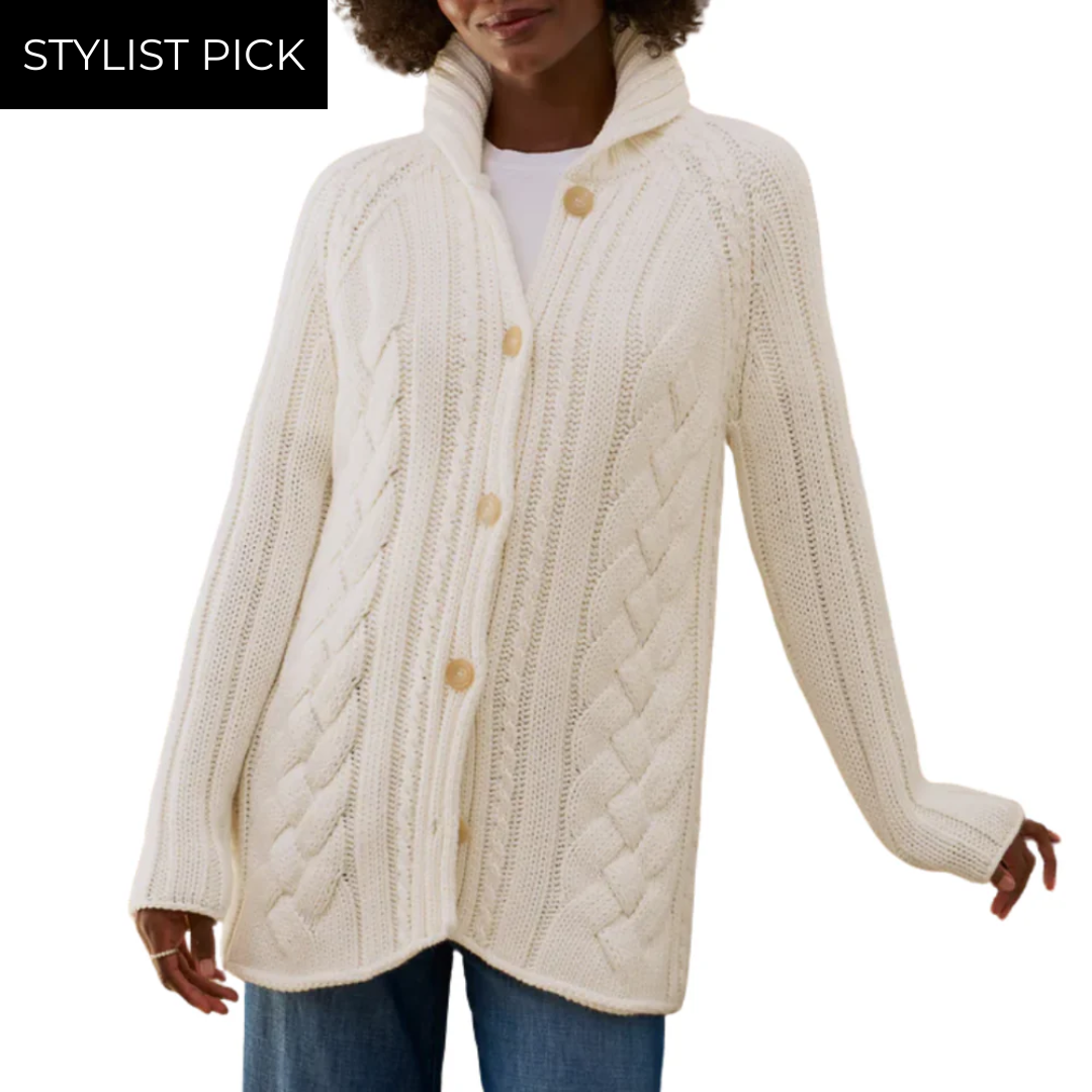 Cotswolds-Cable Knit Cardigan in Ivory