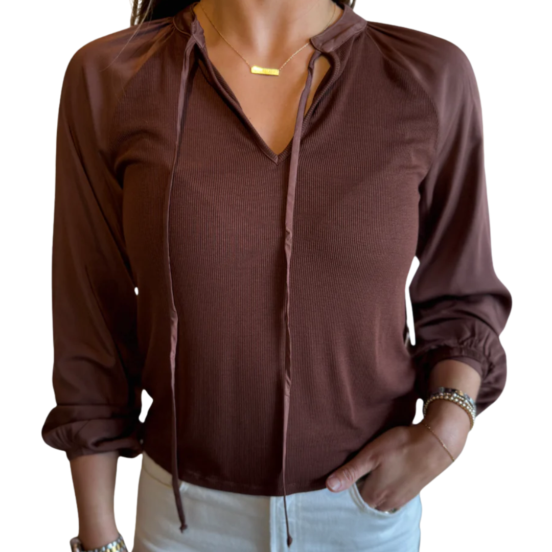 Long Sleeve Raglan Mixed Shirt in Redwood Brown