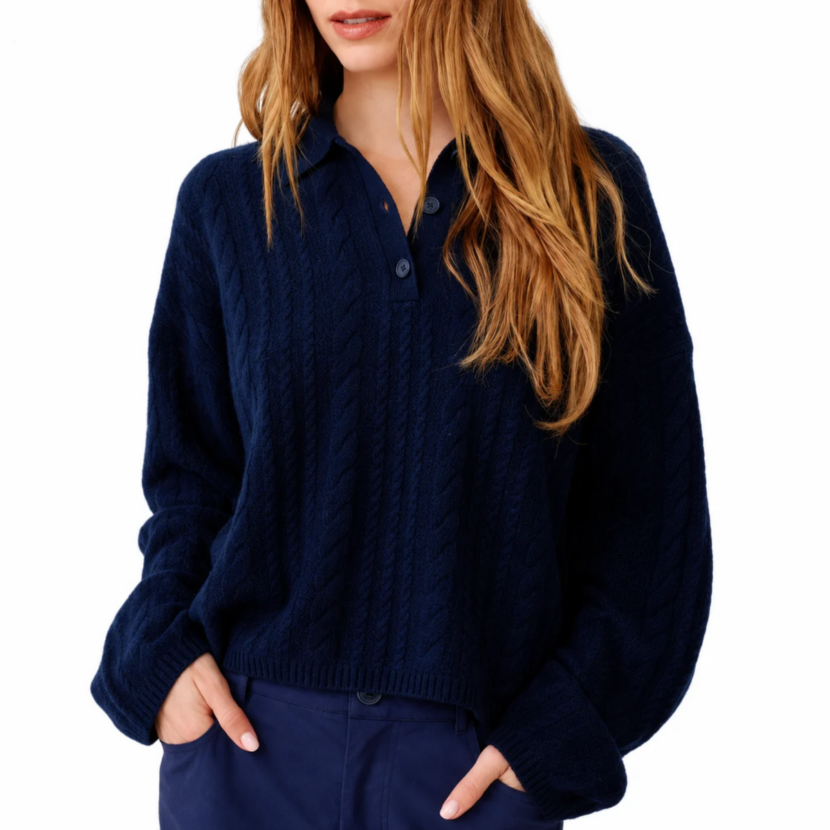 Elsie Relaxed Long Sleeve Cashmere Polo Sweater in Midnight Navy