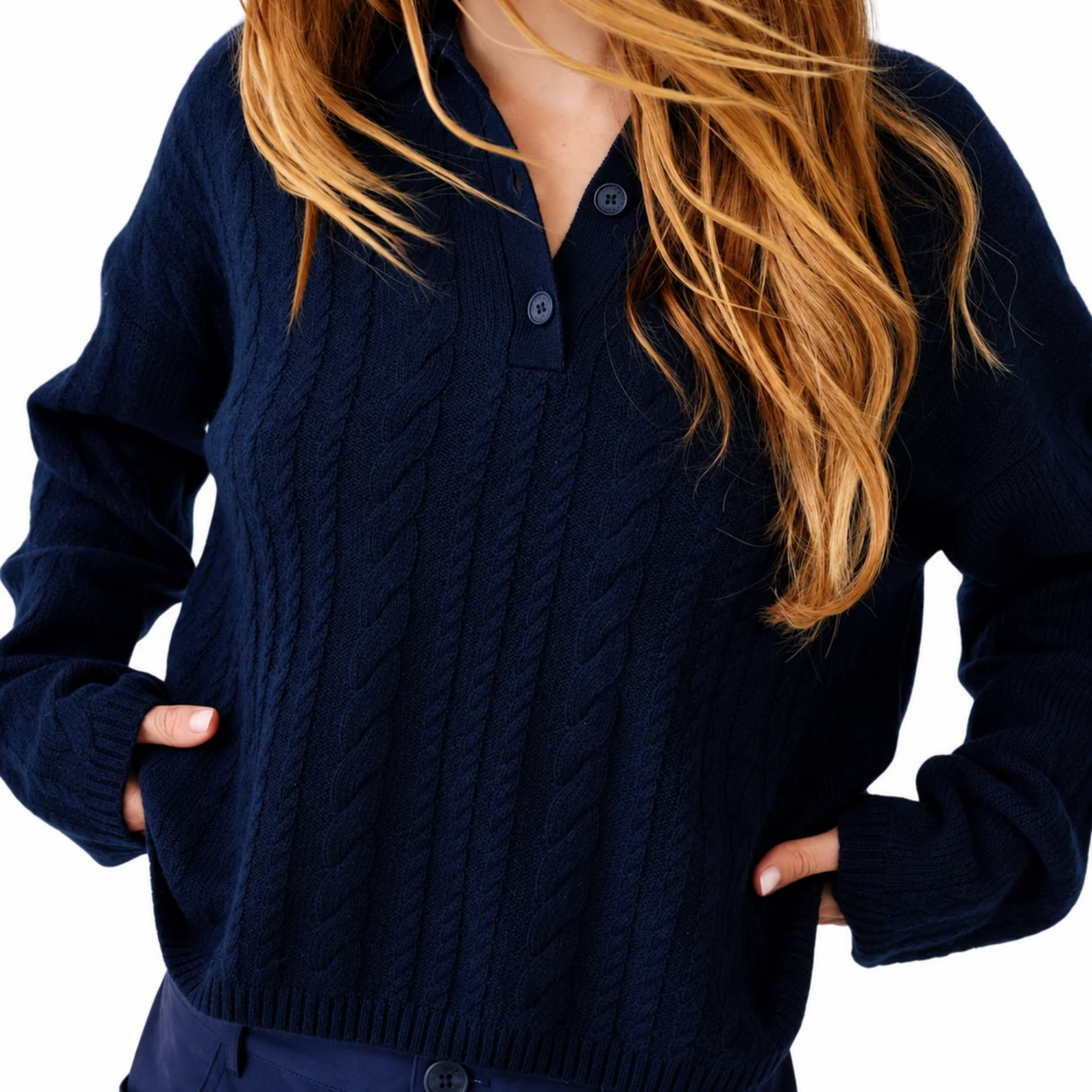 Elsie Relaxed Long Sleeve Cashmere Polo Sweater in Midnight Navy