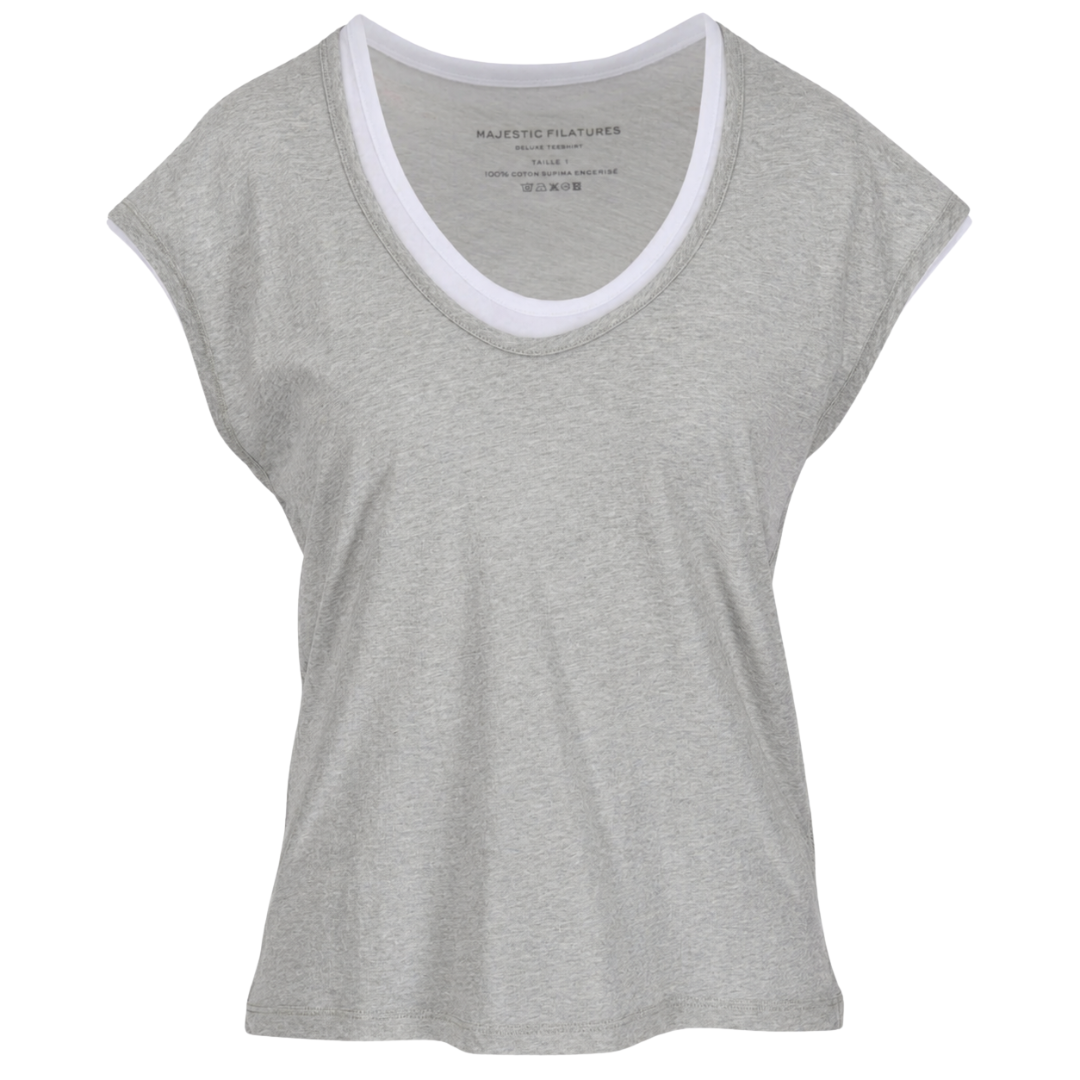 Supima Cotton Double Layer Short Sleeve V-Neck in Gris Chine Clair