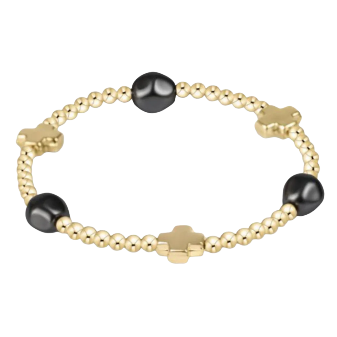 Signature Cross Admire Pattern 3mm Bead Bracelet in Dark Grey Pearl