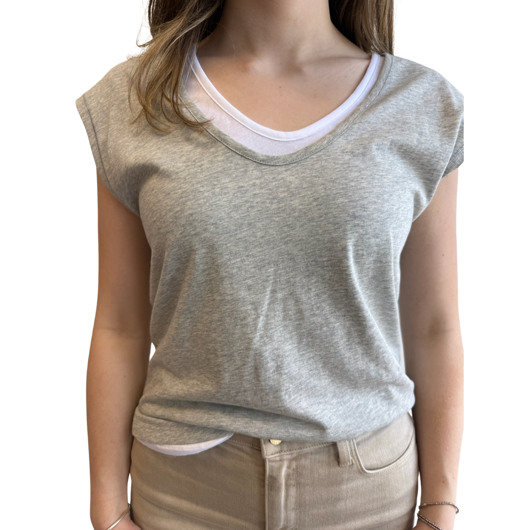 Supima Cotton Double Layer Short Sleeve V-Neck in Gris Chine Clair