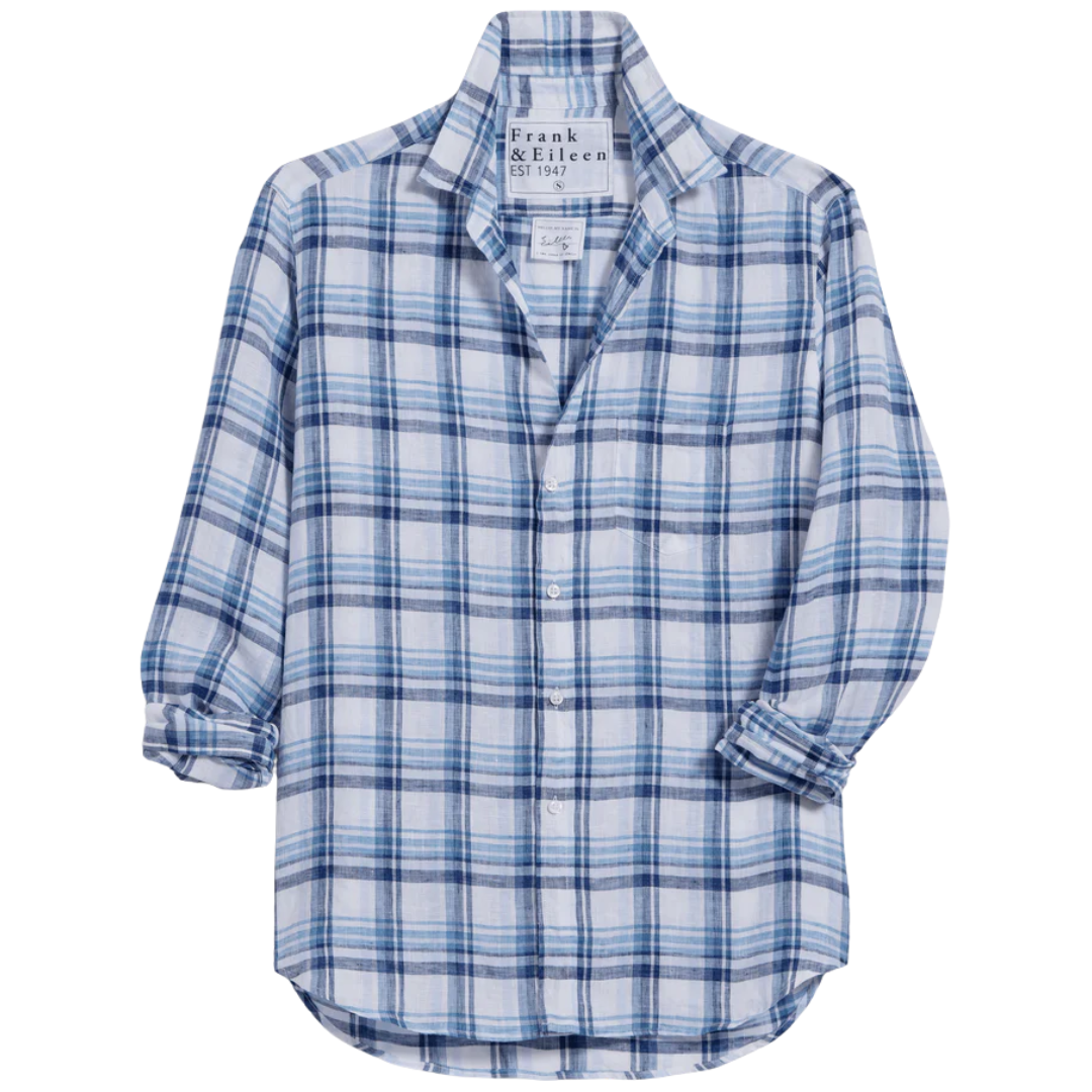 Eileen Relaxed Button Up in White, Blue Plaid