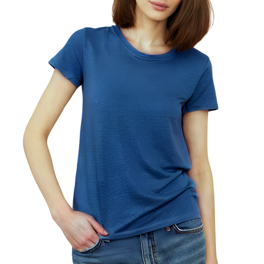 Stretch Linen Short Sleeve Crewneck in Bleu Taormina