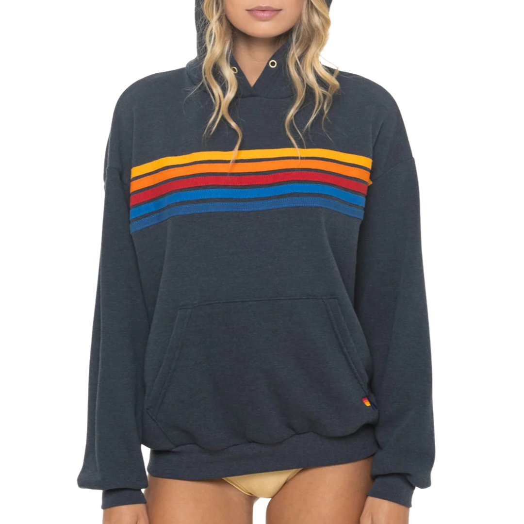 5 Stripe Relaxed Pullover Hoodie in Charcoal