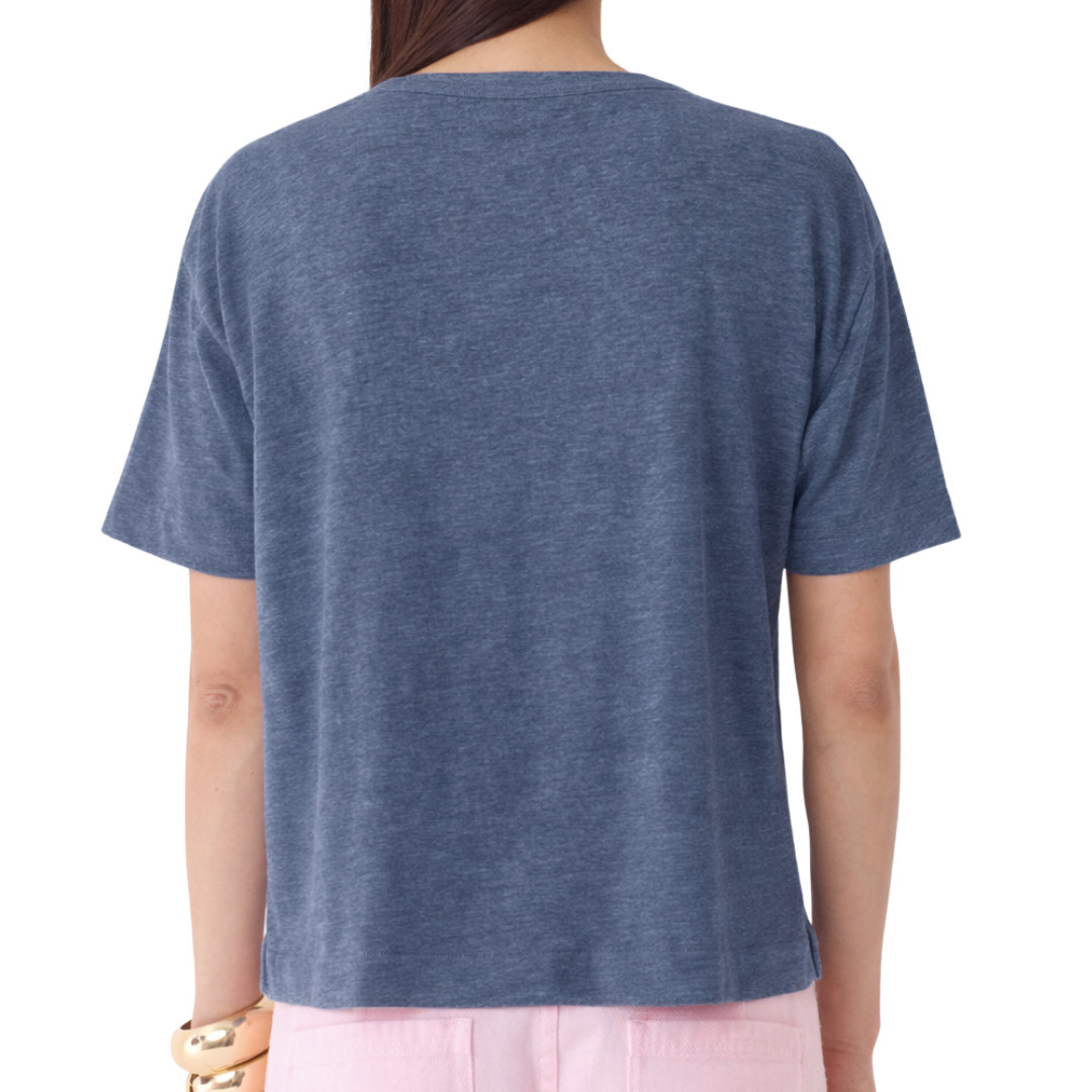 Stretch Linen Short Sleeve Semi Relaxed V-Neck in Bleu de Nimes