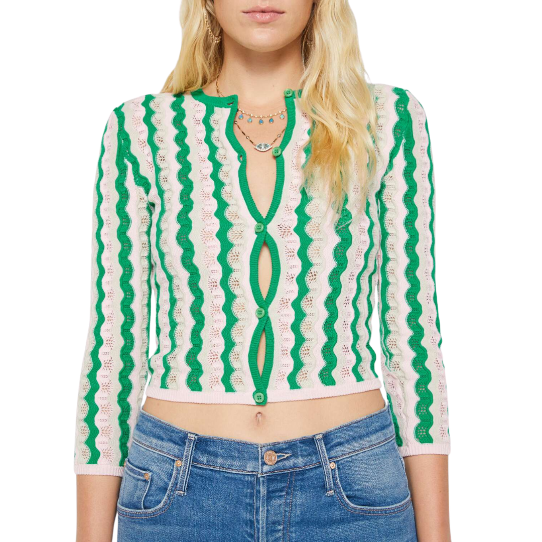 The Crew Neck Cardigan in Poi Green Pink Combo