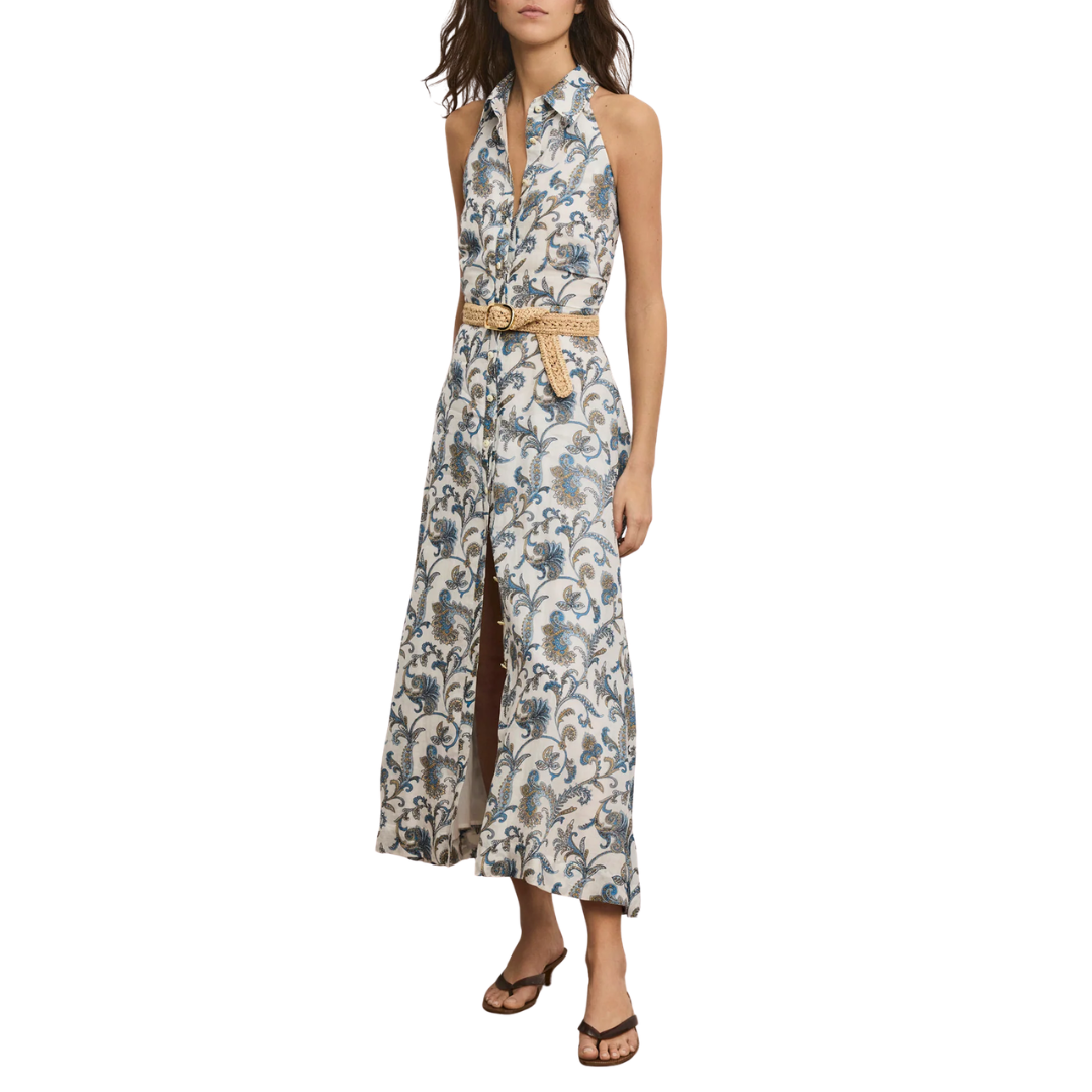 Mackey Paisley Halter Midi Dress in Dove White Multi
