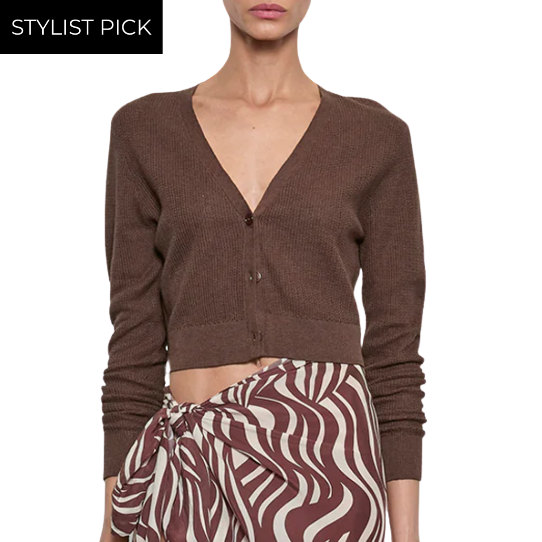 Linen Open Knit Cropped V Neck Cardigan in Chocolate