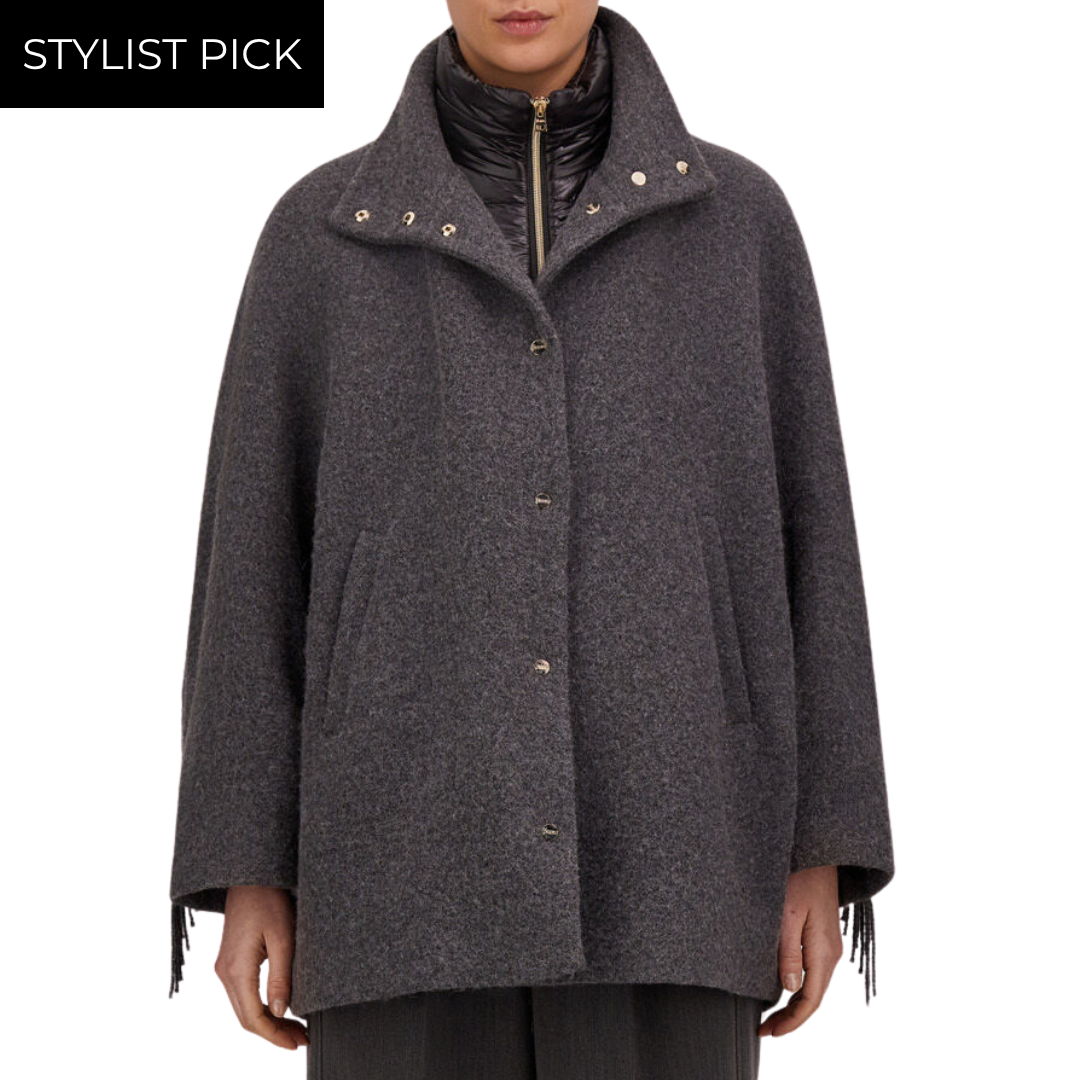 Alpaca Jacket with Fringing and Nylon Ultralight in Iron