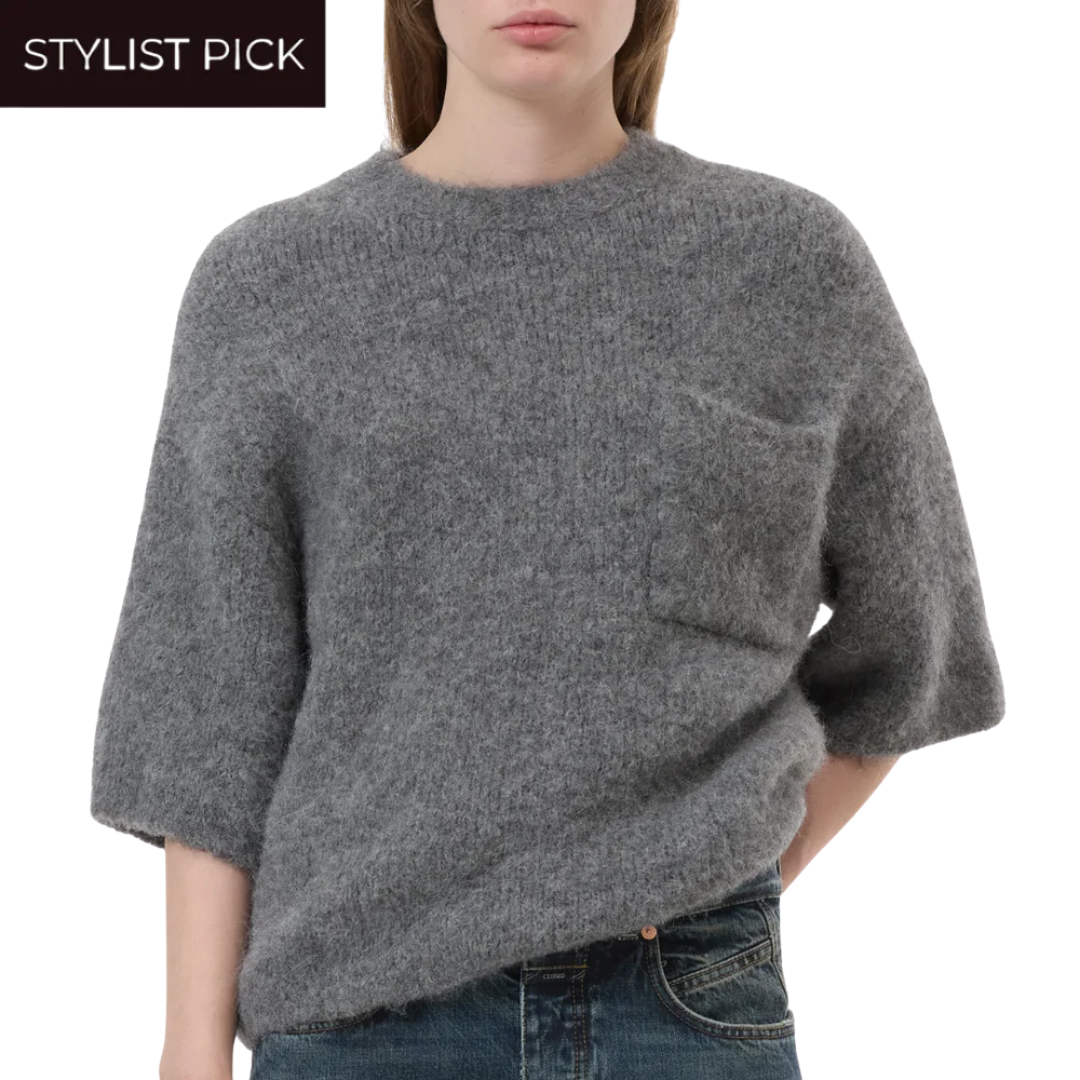 Short-Sleeve Alpaca-Mix Knit in Dark Grey Melange