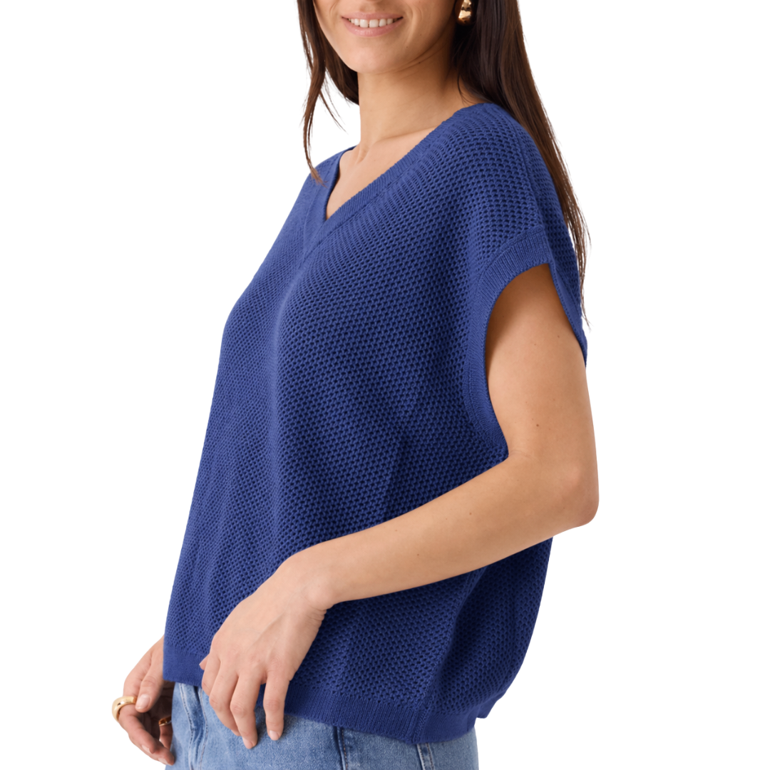 Organic Cotton Knit Cap Sleeve V-Neck Top in Blue Moon