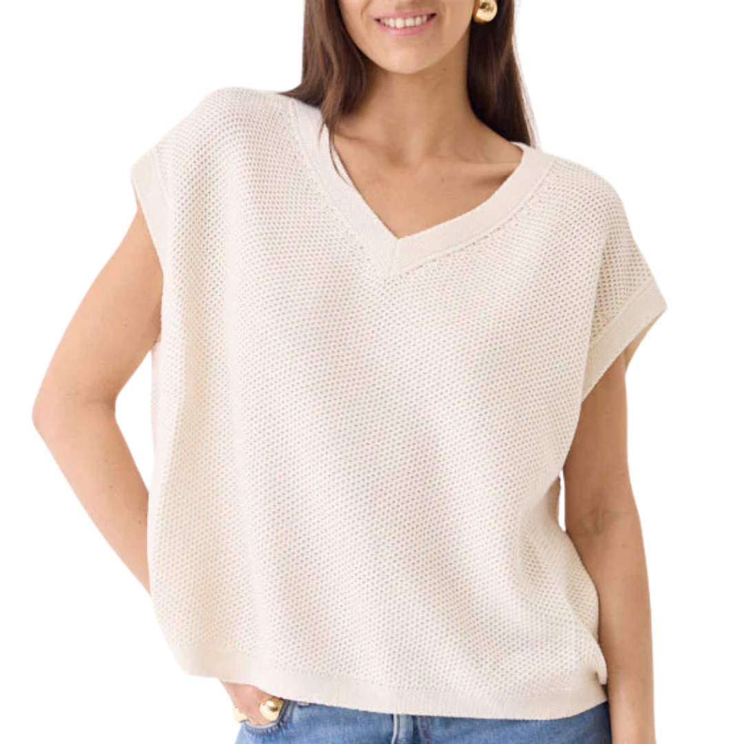 Organic Cotton Knit Cap Sleeve V-Neck Top in Milk