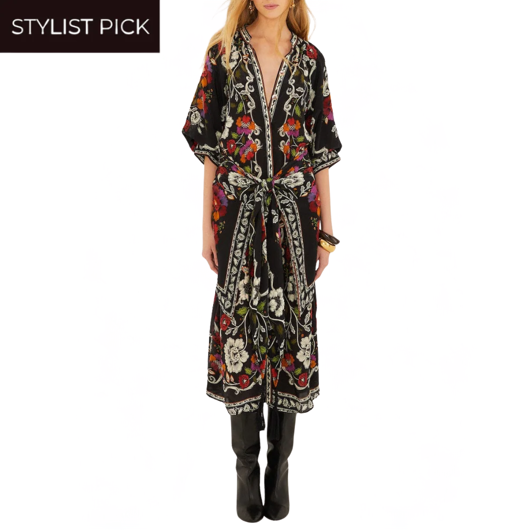 Belted Midi Dress in Black Rococo Flowers