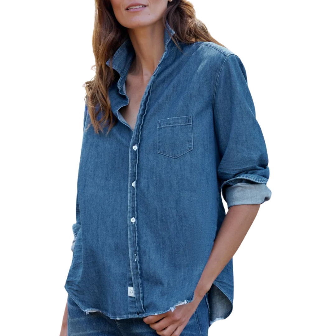 Eileen Relaxed Button-Up Shirt in Distressed Indigo Washed Denim