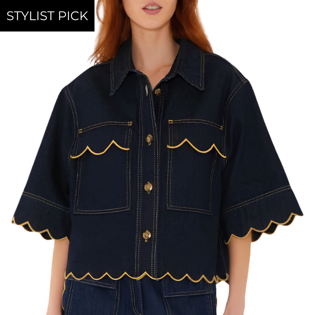 Wavy Hem Short Sleeve Shirt in Dark Denim
