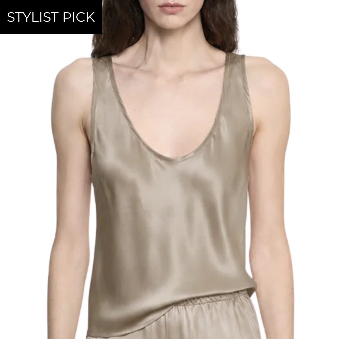 Silk Satin U Tank in Beige
